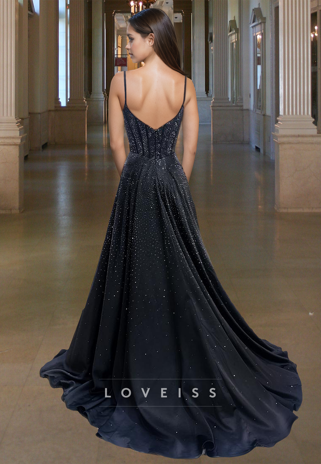 V-Neck Spaghetti Straps Beaded Pleated A-Line Sparkly Prom Dress Loveiss V-Neck Spaghetti Straps Beaded Pleated A-Line Sparkly Prom Dress Loveiss
