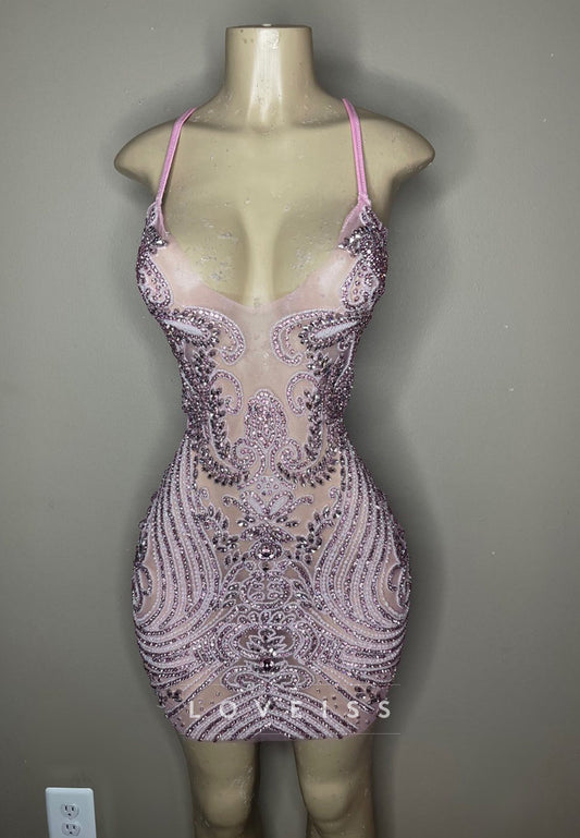 V-Neck Spaghetti Straps Beaded Sheath Homecoming Dress for Black Girls