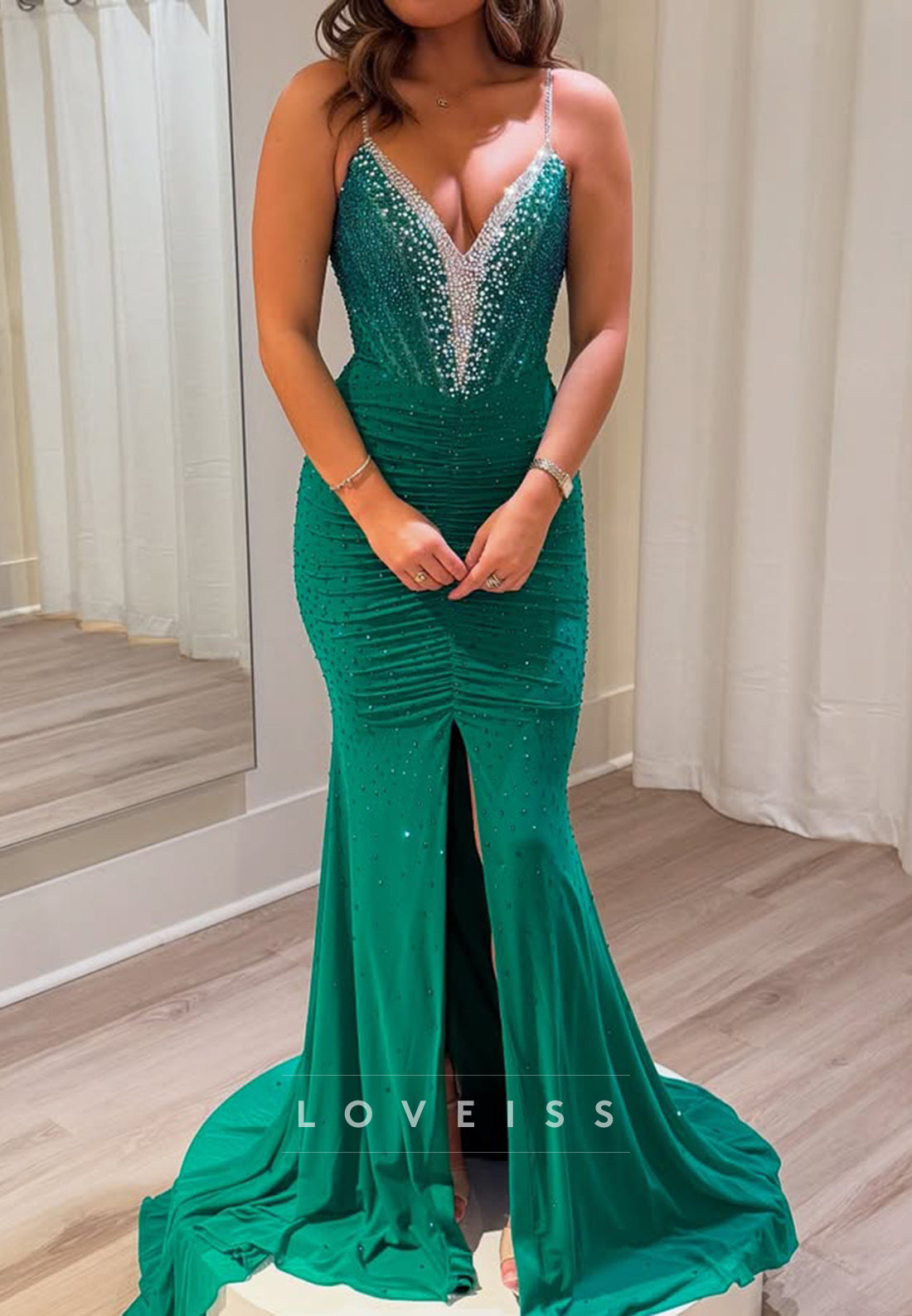 V-Neck Spaghetti Straps Beaded Sleek Mermaid Prom Dress