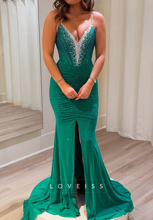 V-Neck Spaghetti Straps Beaded Sleek Mermaid Prom Dress