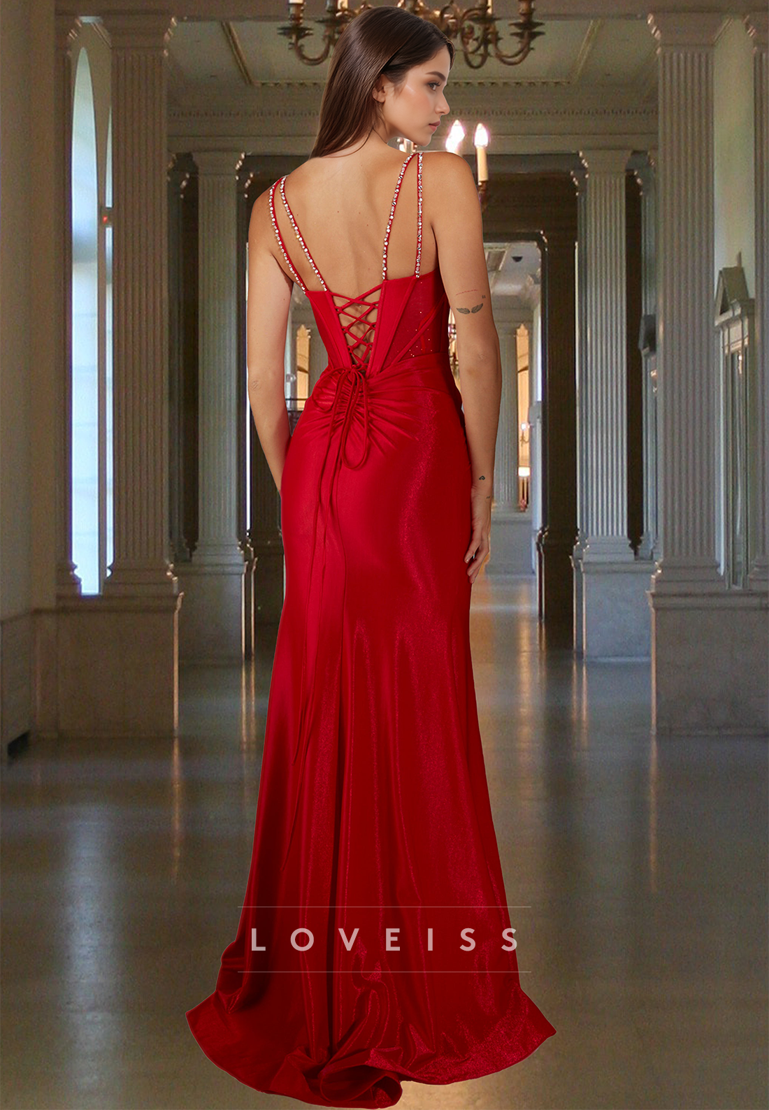 V-Neck Spaghetti Straps Beaded Sleek Side Slit Sheath Prom Dress