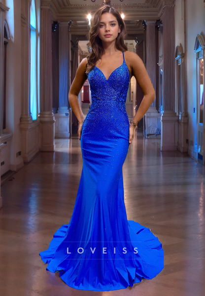 V-Neck Spaghetti Straps Beaded Sparkly Mermaid Prom Dress