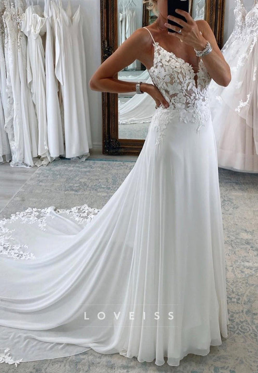 V-Neck Spaghetti Straps Chiffon A-Line Appliques Wedding Dress