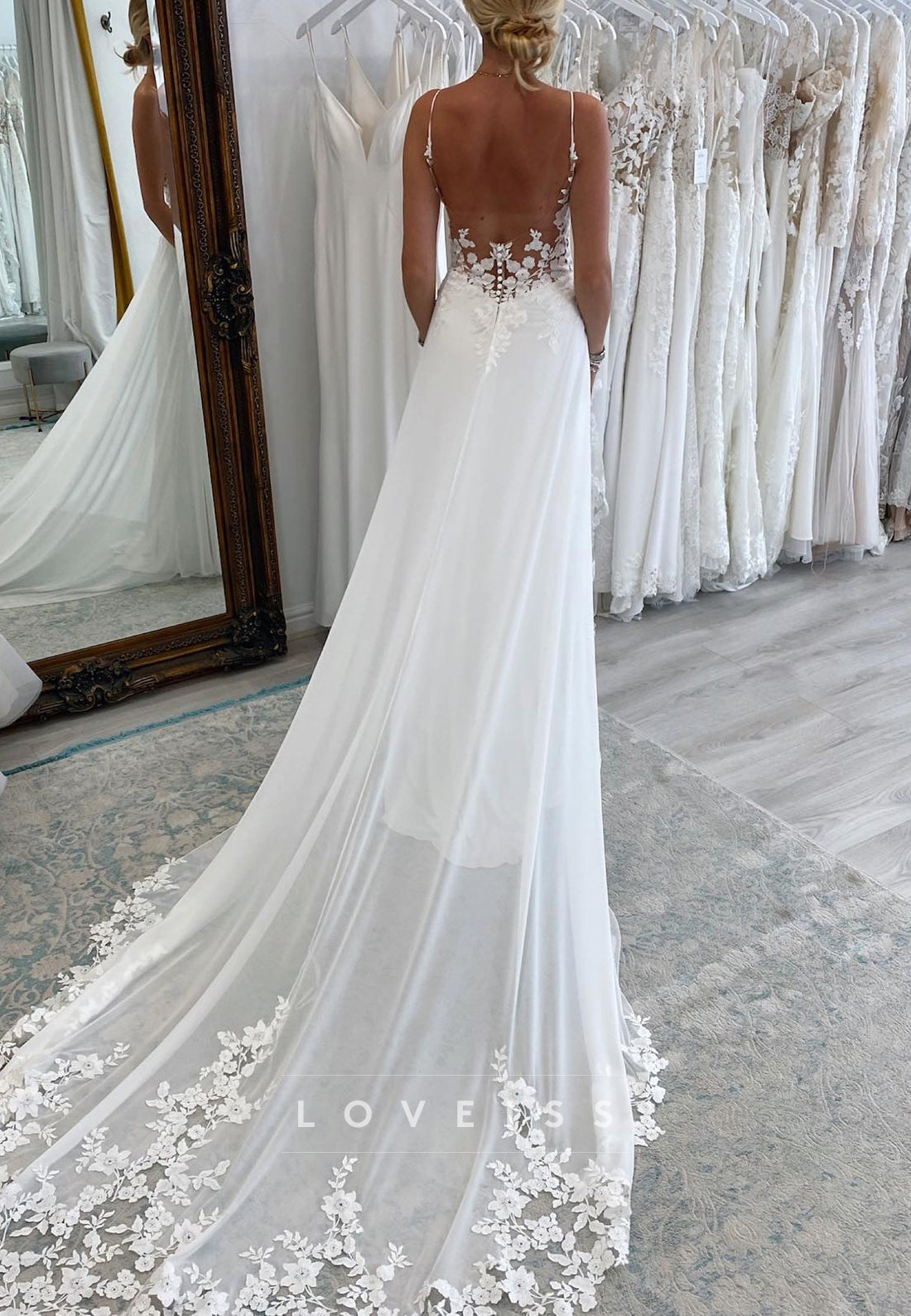 V-Neck Spaghetti Straps Chiffon A-Line Appliques Wedding Dress