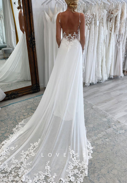 V-Neck Spaghetti Straps Chiffon A-Line Appliques Wedding Dress