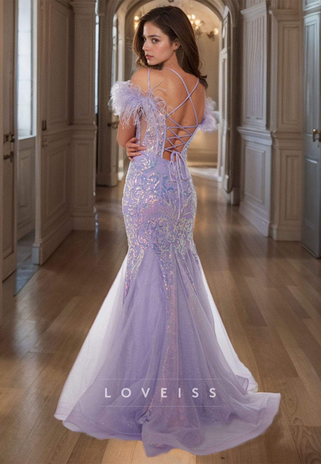 V-Neck Spaghetti Straps Feathered Appliques Mermaid Prom Dress