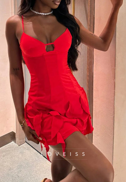 V-Neck Spaghetti Straps Fitted Ruffled Sheath Party Homecoming Dress