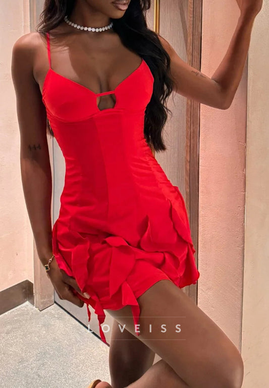 V-Neck Spaghetti Straps Fitted Ruffled Sheath Party Homecoming Dress