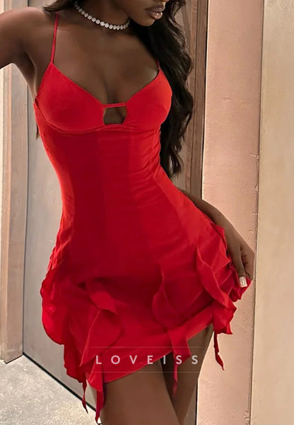 V-Neck Spaghetti Straps Fitted Ruffled Sheath Party Homecoming Dress