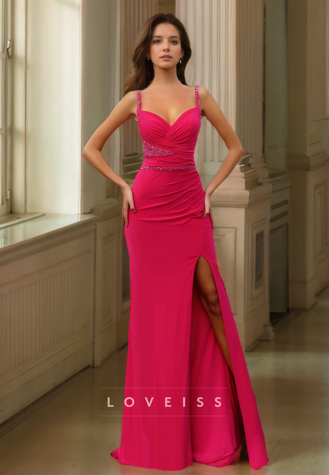 V-Neck Spaghetti Straps Fitted Side Slit Sheath Formal Dress