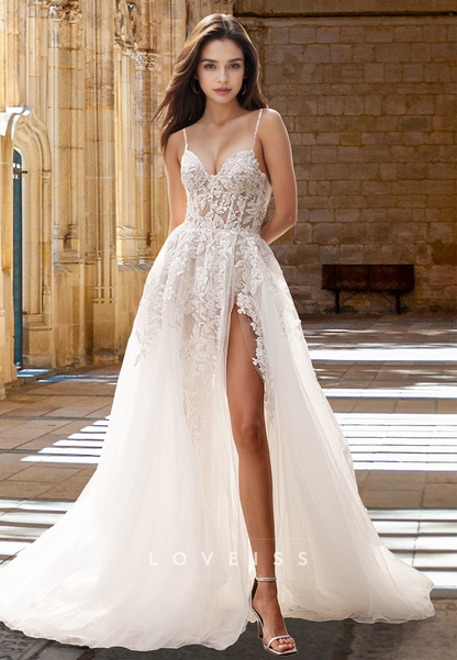 V-Neck Spaghetti Straps Floral Appliques A-Line Beach Wedding Dress – Loveiss