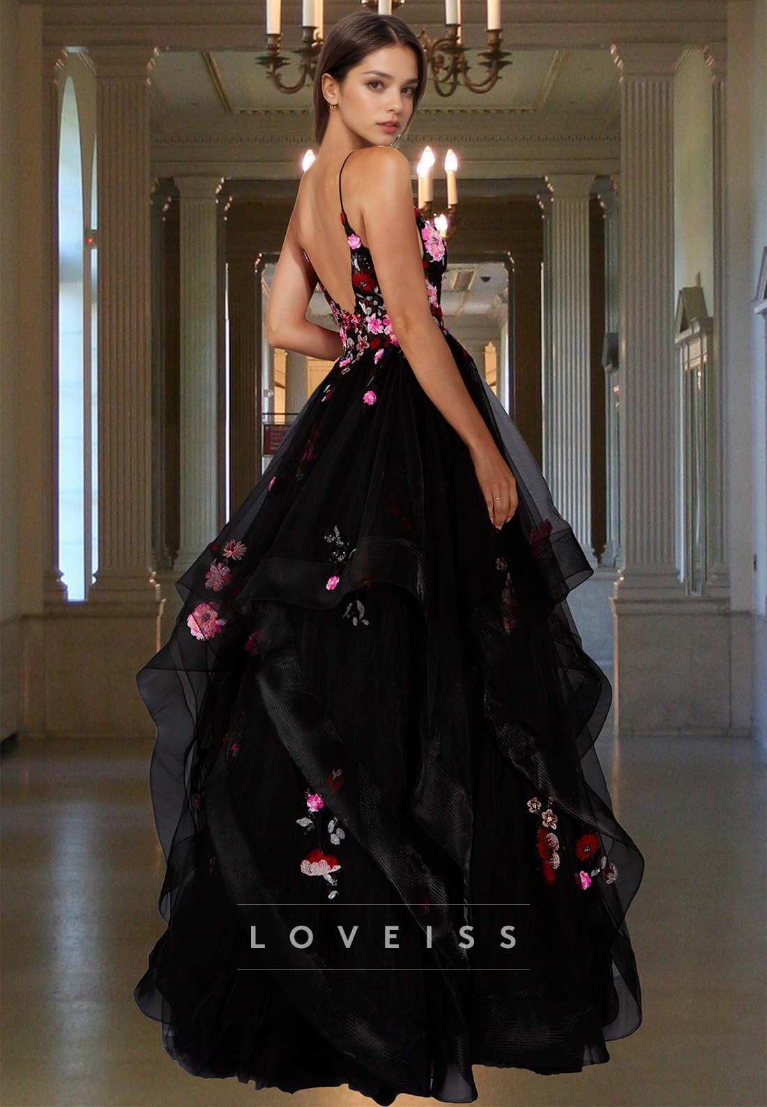 V-Neck Spaghetti Straps Floral Appliques Ball Gown Prom Dress