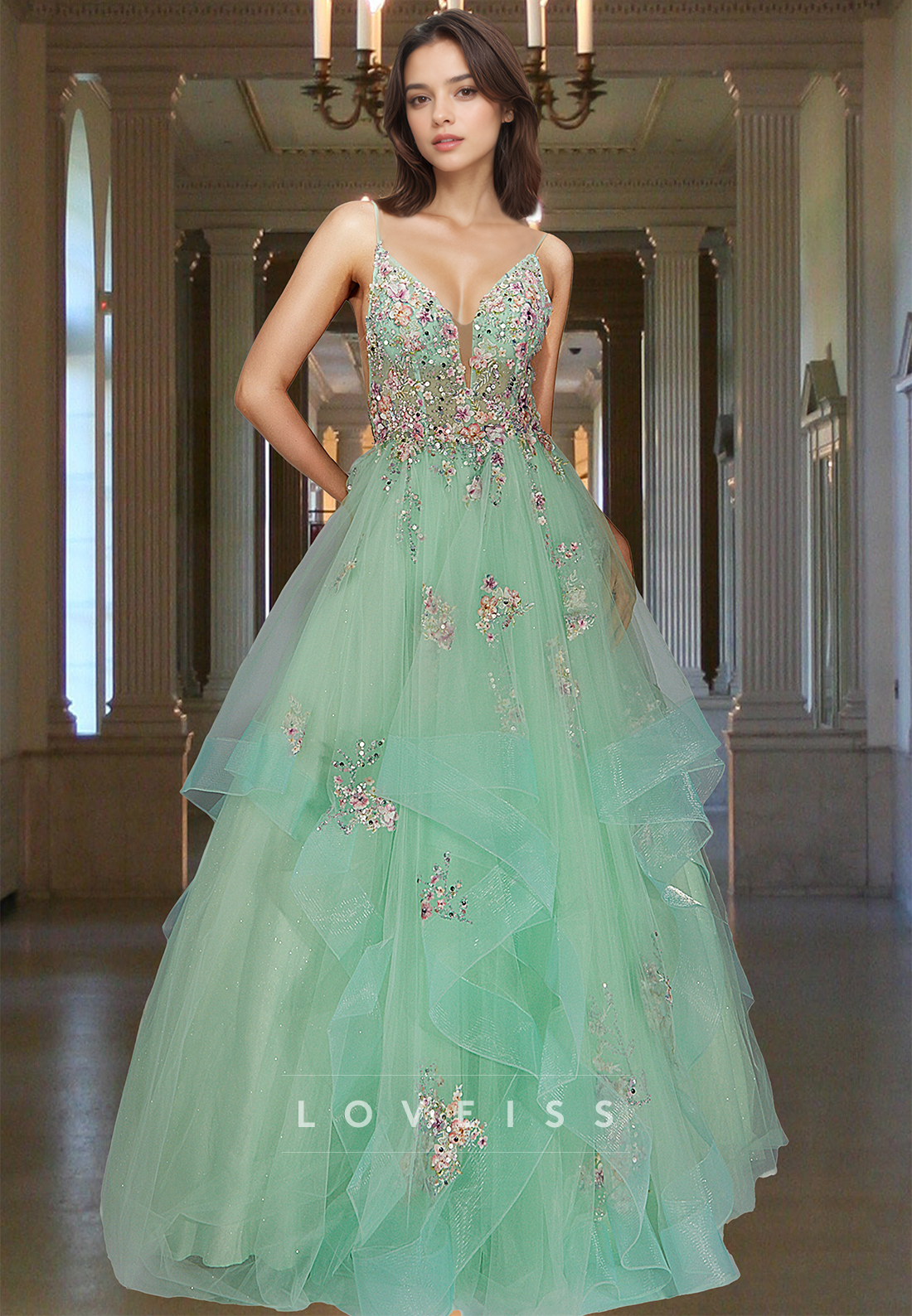 V-Neck Spaghetti Straps Floral Appliques Ball Gown Prom Dress