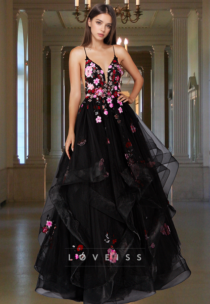 V-Neck Spaghetti Straps Floral Appliques Ball Gown Prom Dress