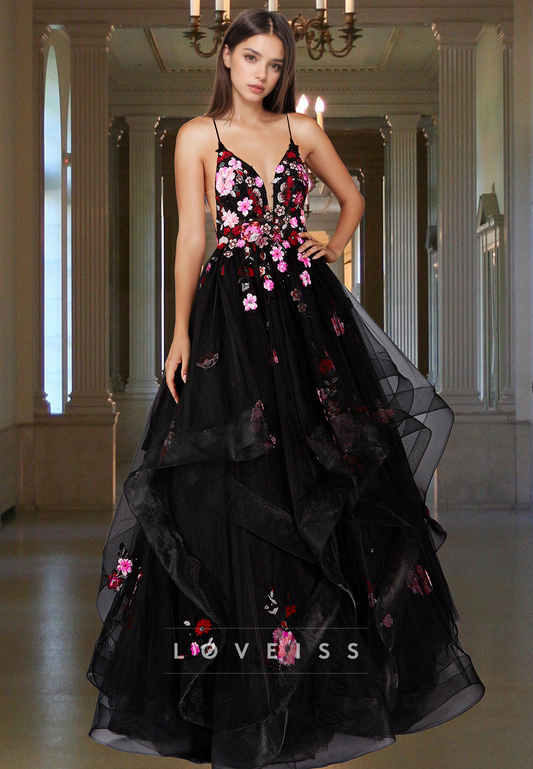 V-Neck Spaghetti Straps Floral Appliques Ball Gown Prom Dress