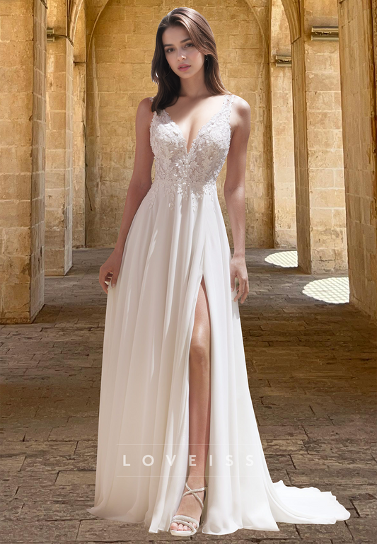 V-Neck Spaghetti Straps Floral Appliques Chiffon A-Line Beach Wedding Dress