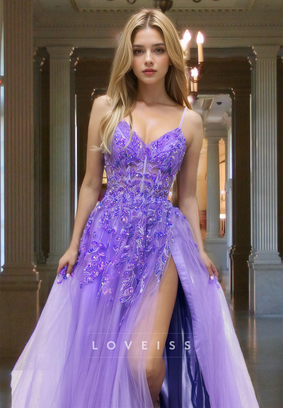 V-Neck Spaghetti Straps Floral Appliques Tulle A-Line Prom Dress