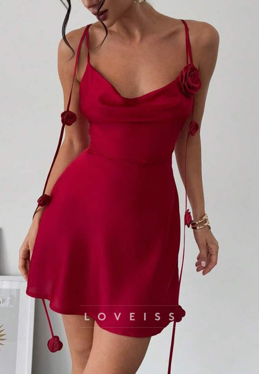 V-Neck Spaghetti Straps Floral Embellished A-Line Party Homecoming Dress