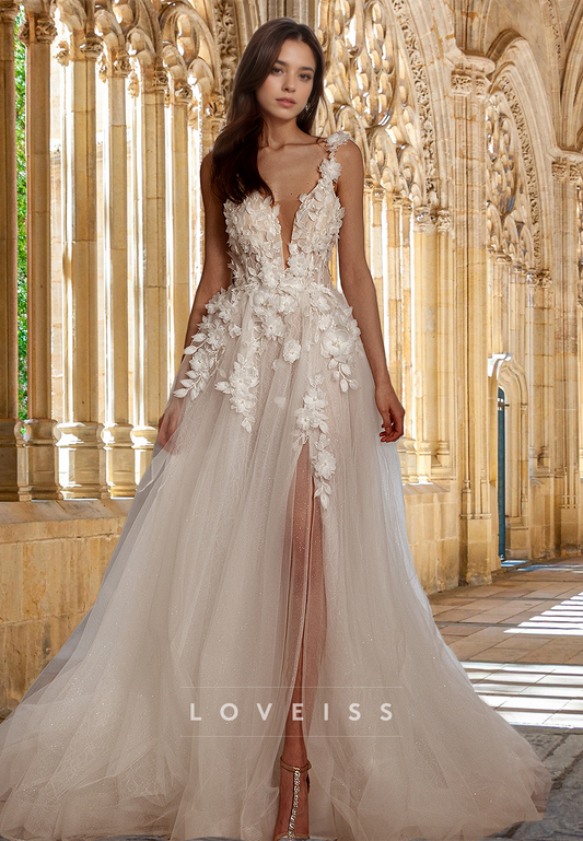 V-Neck Spaghetti Straps Floral Embellished A-Line Wedding Dress