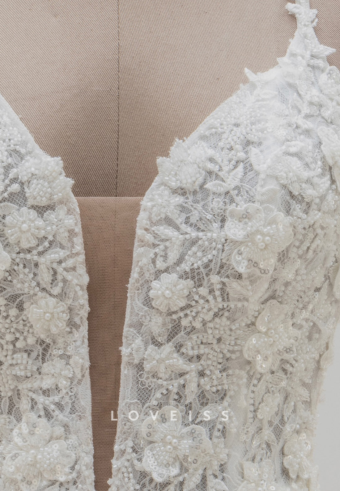 V-Neck Spaghetti Straps Floral Embellished Mermaid Wedding Dress