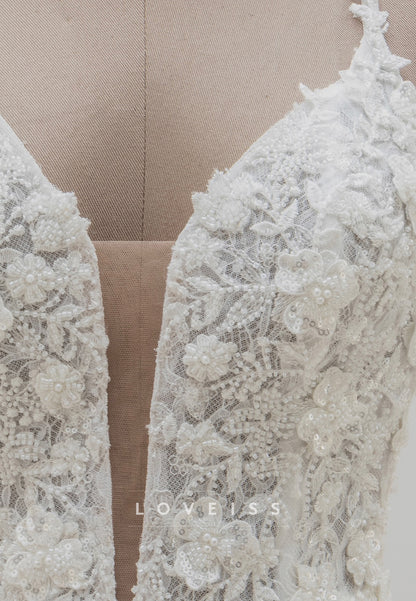 V-Neck Spaghetti Straps Floral Embellished Mermaid Wedding Dress