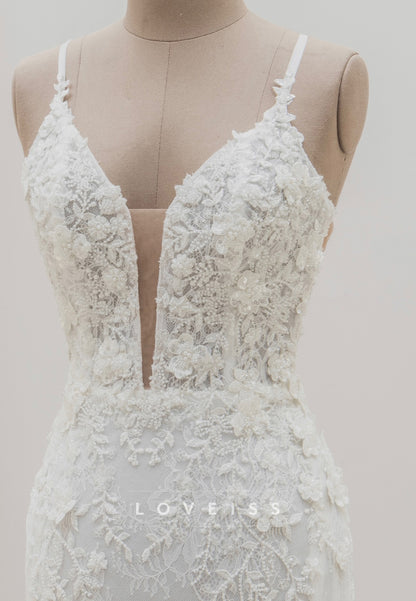 V-Neck Spaghetti Straps Floral Embellished Mermaid Wedding Dress