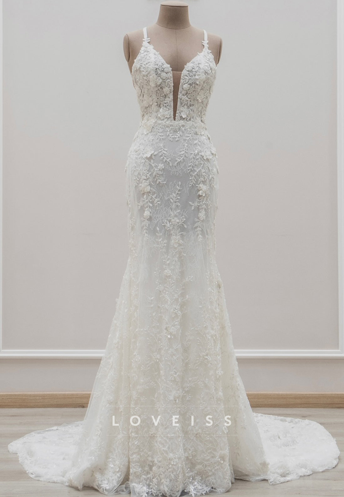 V-Neck Spaghetti Straps Floral Embellished Mermaid Wedding Dress