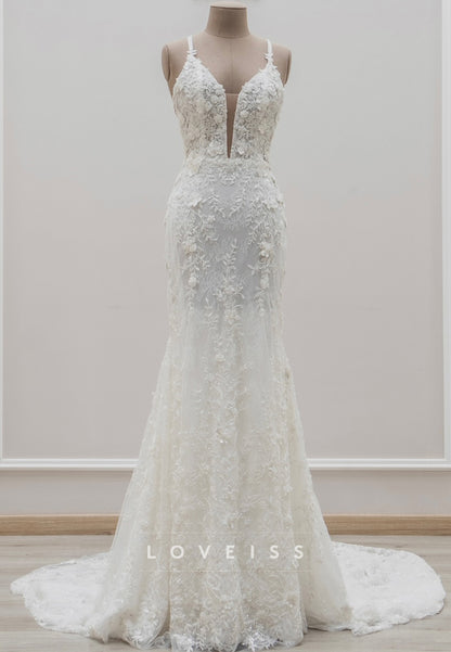 V-Neck Spaghetti Straps Floral Embellished Mermaid Wedding Dress