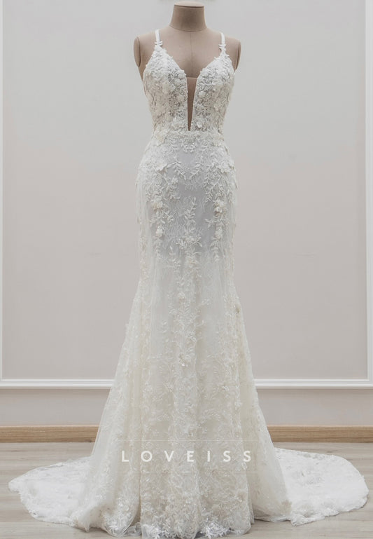 V-Neck Spaghetti Straps Floral Embellished Mermaid Wedding Dress