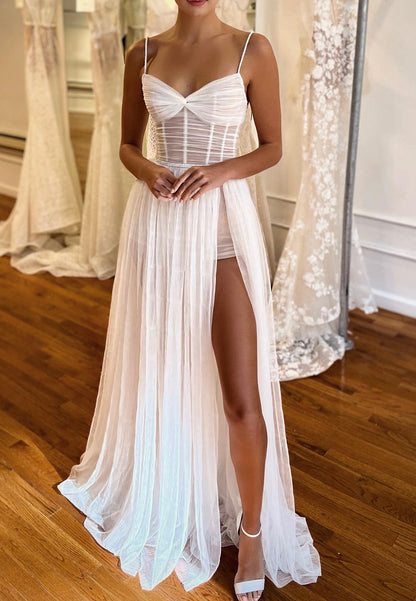 V-Neck Spaghetti Straps High Slit A-Line Beach Wedding Dress