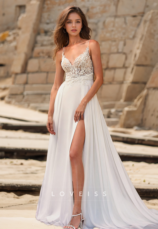 V-Neck Spaghetti Straps Lace Appliques A-Line Beach Wedding Dress