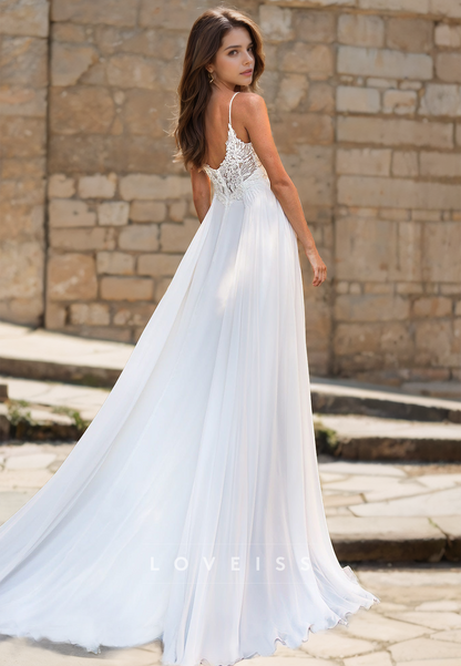 V-Neck Spaghetti Straps Lace Appliques A-Line Beach Wedding Dress