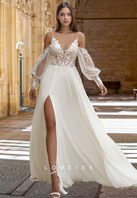 V-Neck Spaghetti Straps Lace Appliques A-Line Beach Wedding Dress