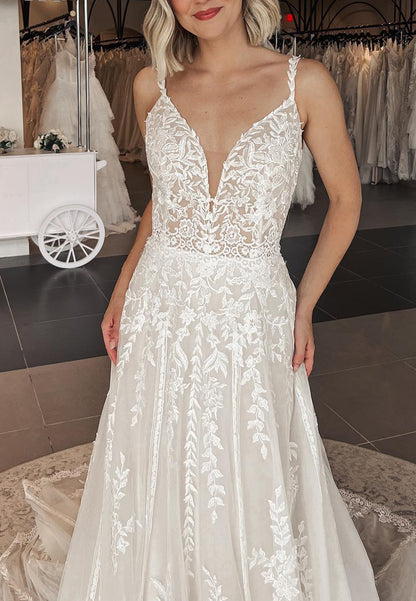 V-Neck Spaghetti Straps Lace Appliques A-Line Wedding Dress