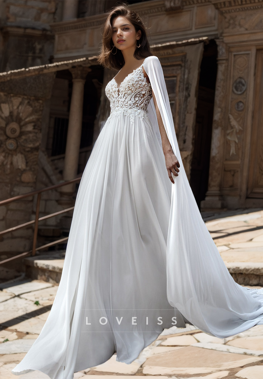 V-Neck Spaghetti Straps Lace Appliques Chiffon A-Line Beach Wedding Dress