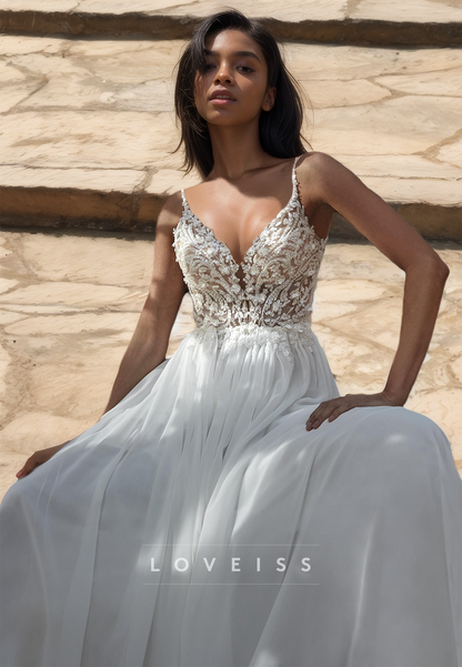 V-Neck Spaghetti Straps Lace Appliques Chiffon A-Line Beach Wedding Dress