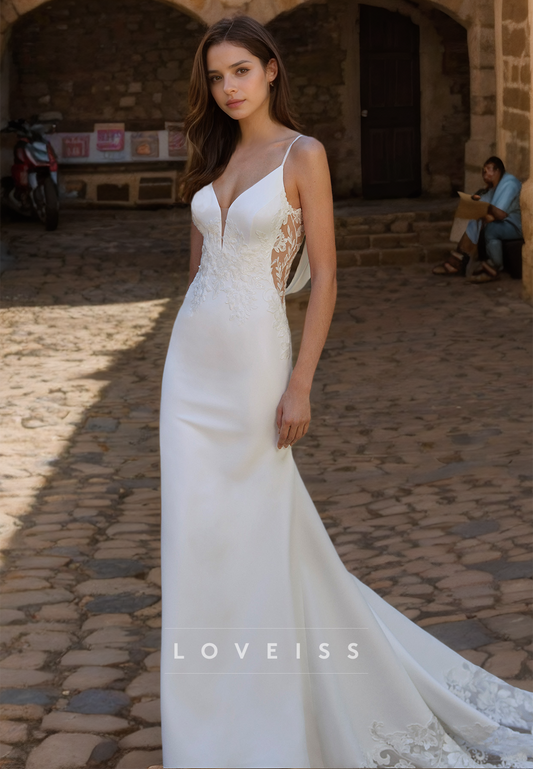 V-Neck Spaghetti Straps Lace Appliques Mermaid Wedding Dress