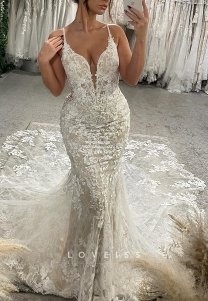 V-Neck Spaghetti Straps Lace Appliques Mermaid Wedding Dress