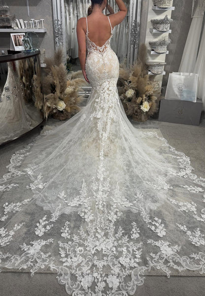 V-Neck Spaghetti Straps Lace Appliques Mermaid Wedding Dress