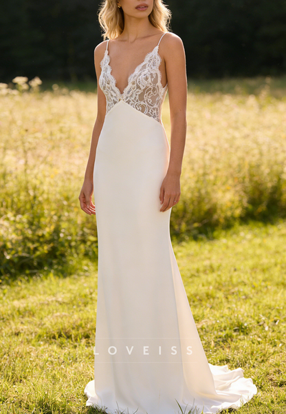 V-Neck Spaghetti Straps Lace Appliques Mermaid Wedding Dress