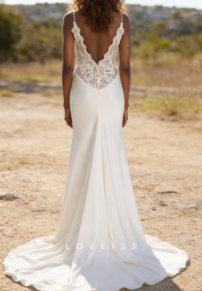 V-Neck Spaghetti Straps Lace Appliques Mermaid Wedding Dress