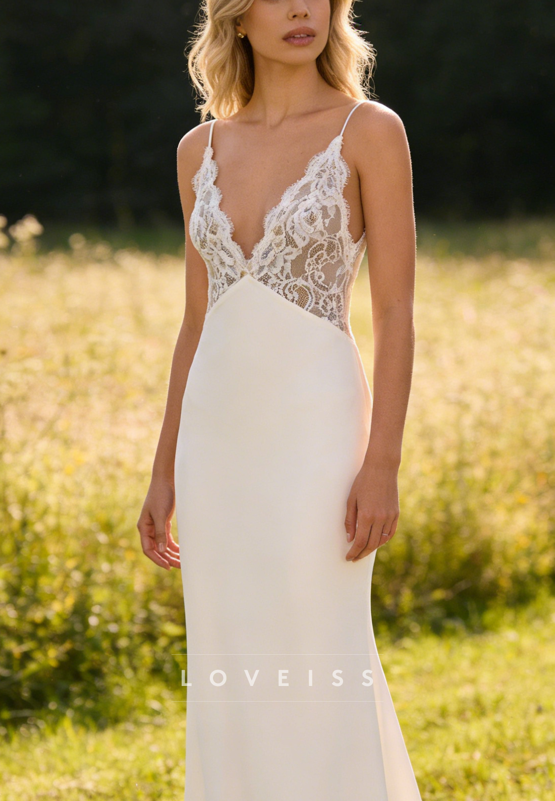 V-Neck Spaghetti Straps Lace Appliques Mermaid Wedding Dress