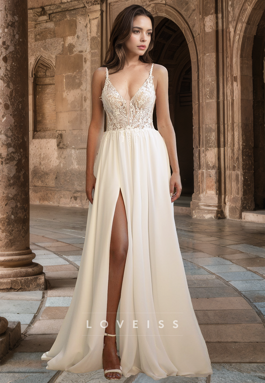 V-Neck Spaghetti Straps Lace Appliques Side Slit A-Line Wedding Dress