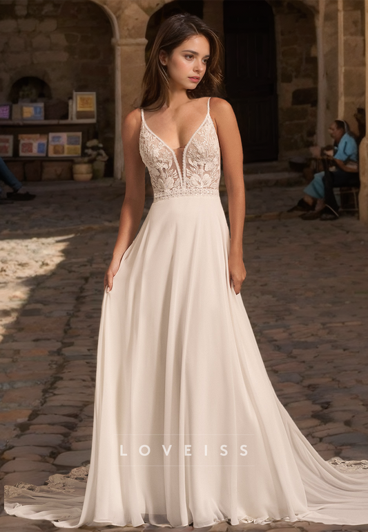 V-Neck Spaghetti Straps Lace Appliques Sleek A-Line Beach Wedding Dress