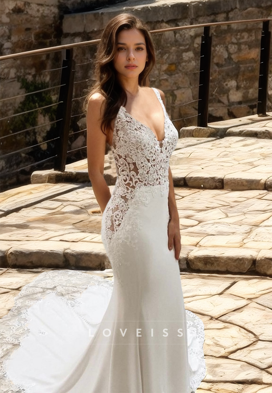 V-Neck Spaghetti Straps Lace Appliques Sleek Mermaid Wedding Dress