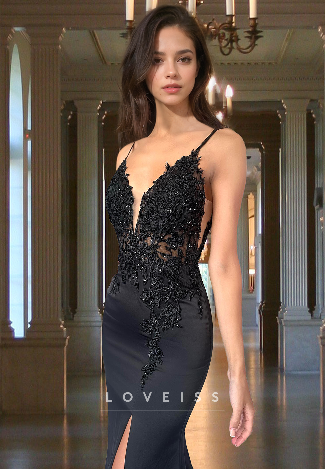 V-Neck Spaghetti Straps Lace Appliquess Sleek Mermaid Prom Dress