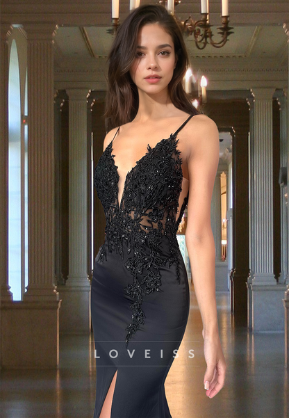 V-Neck Spaghetti Straps Lace Appliquess Sleek Mermaid Prom Dress