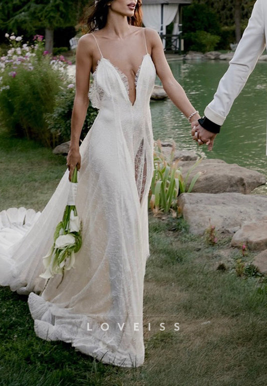V-Neck Spaghetti Straps Lace Summer Wedding Dress