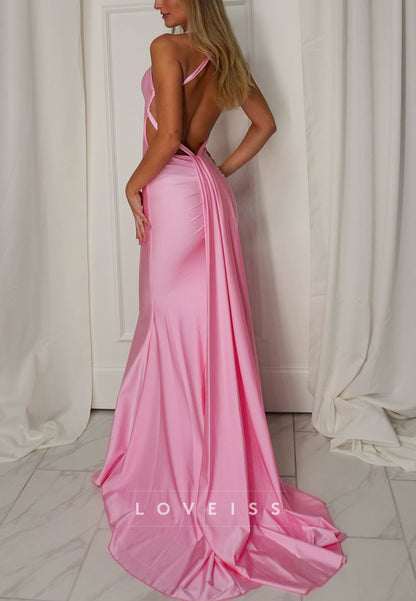 V-Neck Spaghetti Straps Mermaid Pink Prom Dress