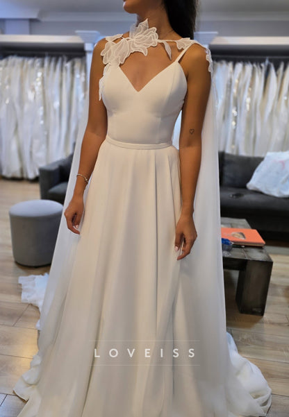 V-Neck Spaghetti Straps Pleated A-Line Simple Wedding Dress
